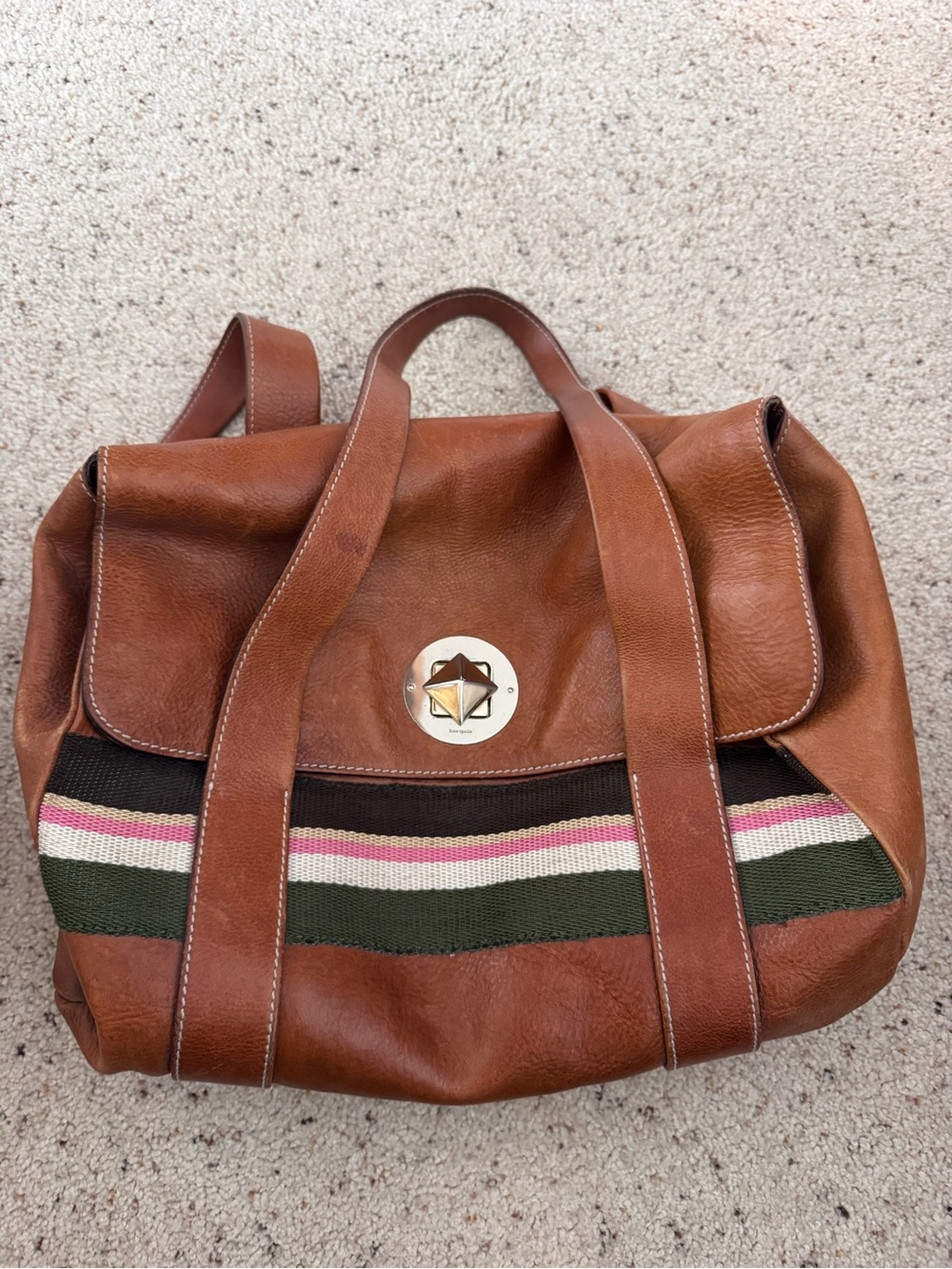 Brown Leather Shouder bag with Striped Canvas Accent
